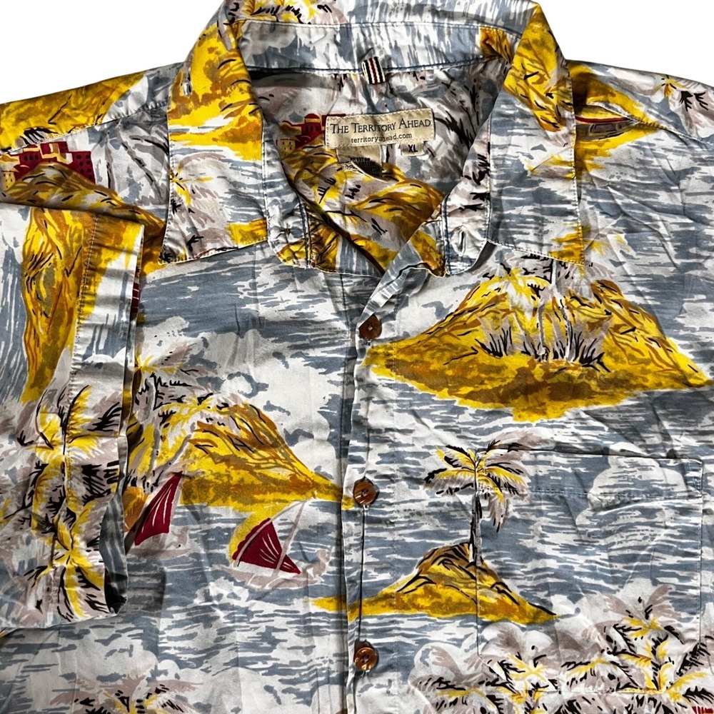 The Territory Ahead Mens XL Tropical Island Sailboat Cotton Button Down Shirt